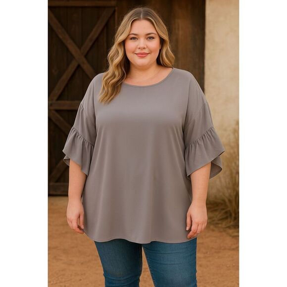 Umgee Tops - Umgee USA Plus Ruffle Sleeve Blouse Flowing Crepe Top Cool Grey Size 1X